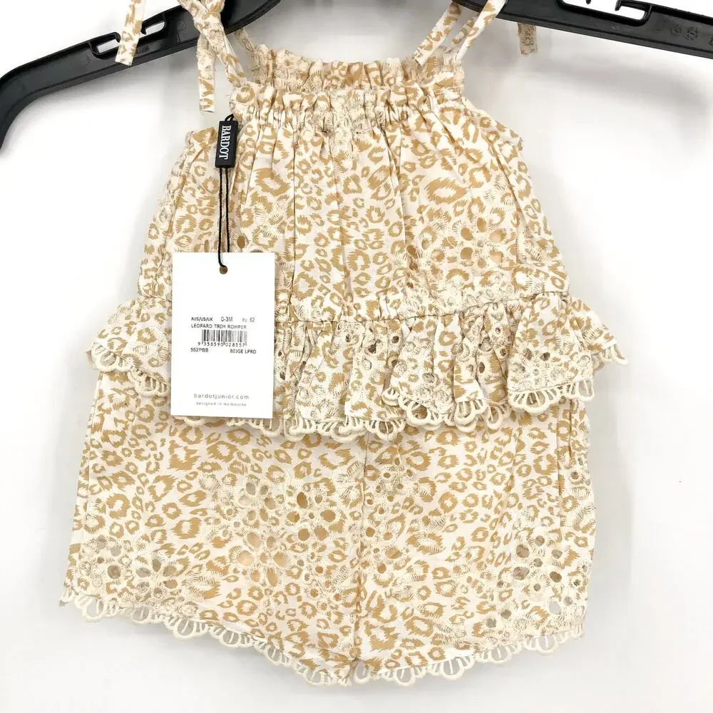 BARDOT Baby Leopard Lace Trim Romper 0-3 Months Beige Tie Shoulder NWT